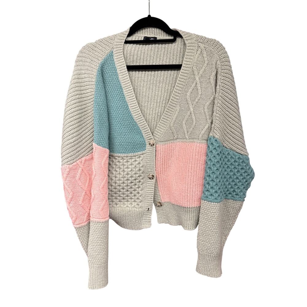 Originality Chunky Knit Patchwork Cardigan Sweater Colorblock Academic XL Green